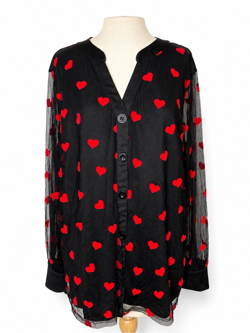 BloomChic Plus Size‎ 18/20 Black Sheer Heart Print Button Front Blouse Romantic